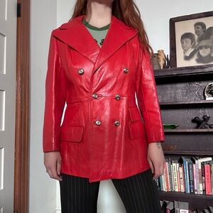Vintage Fine Leather Blazer Jacket Womens Size L Oxblood Red Double Breasted 70s